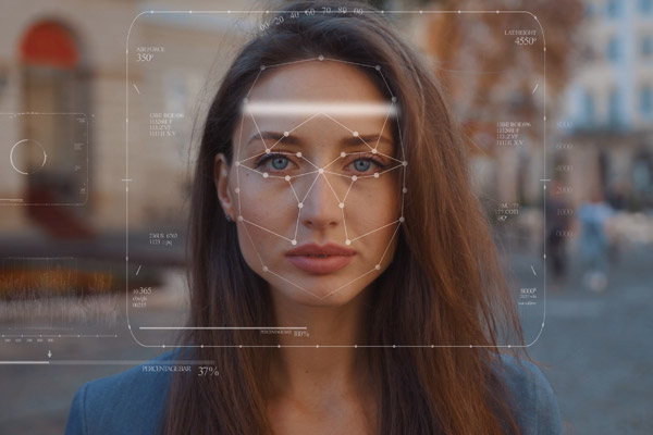 Facial recognition overlay on the face of a woman